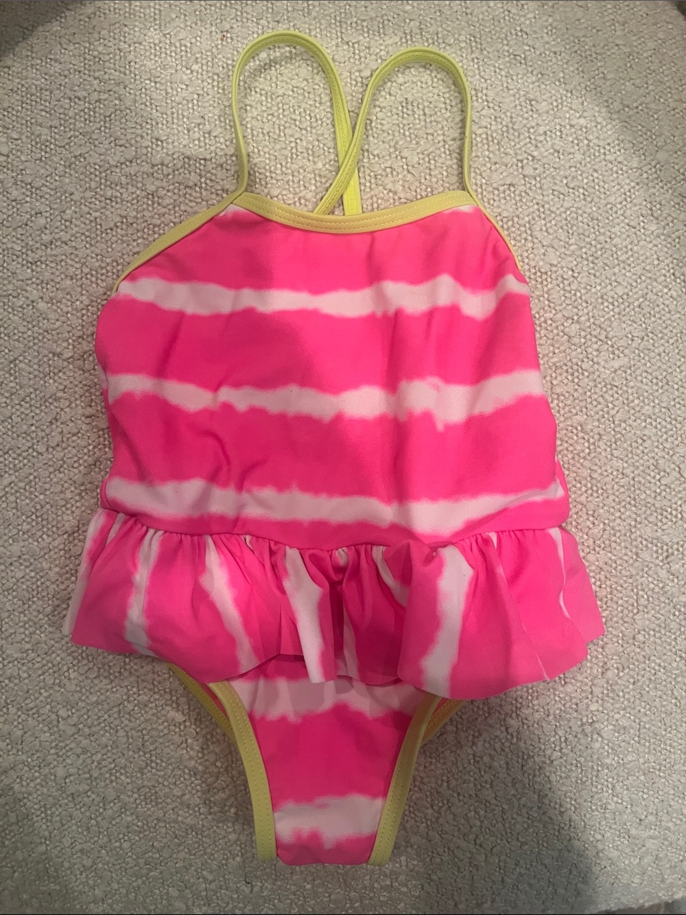 Kensie Girl Neon Pink & White Tie-Dye Ruffle One-Piece Swimsuit 18M EUC